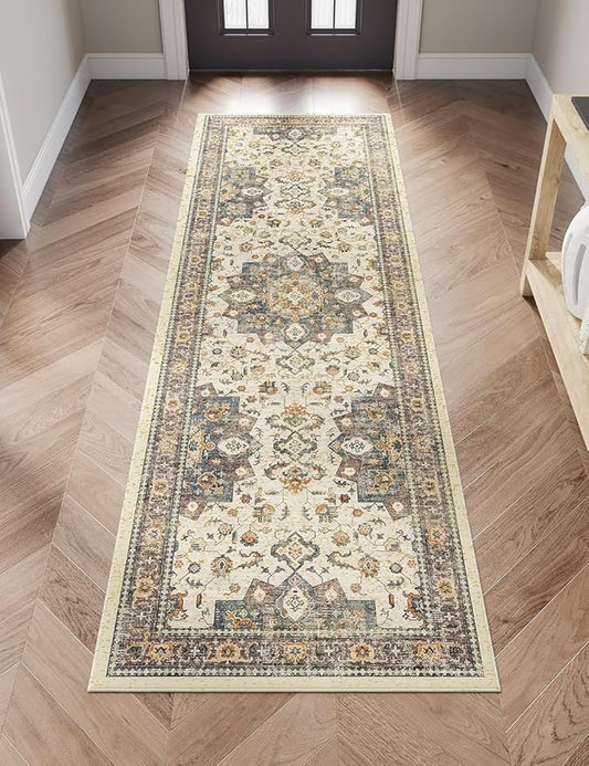 Dripex Kitchen Runner Rug-2x6 Washable Distressed Hallway Runner Oriental Medallion Carpet Non-Slip Non-Shedding Laundry Mat Foldable Thin Entry Throw Area Rug for Living Room Bedroom