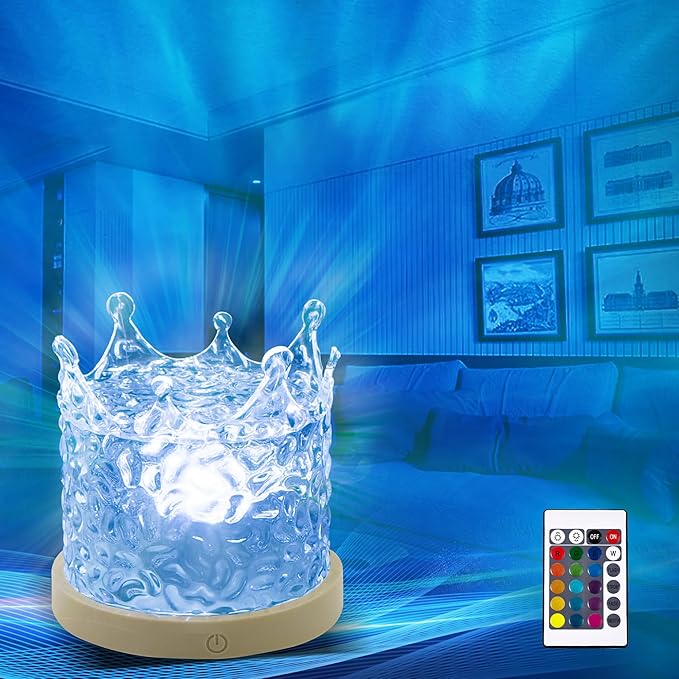 Ocean Wave & Aurora Projector Lamp, 16 Colors Gradual Rotating Flame Water Lamp Wave Light with Remote Control for Teen Girl Room Decor (Crown)