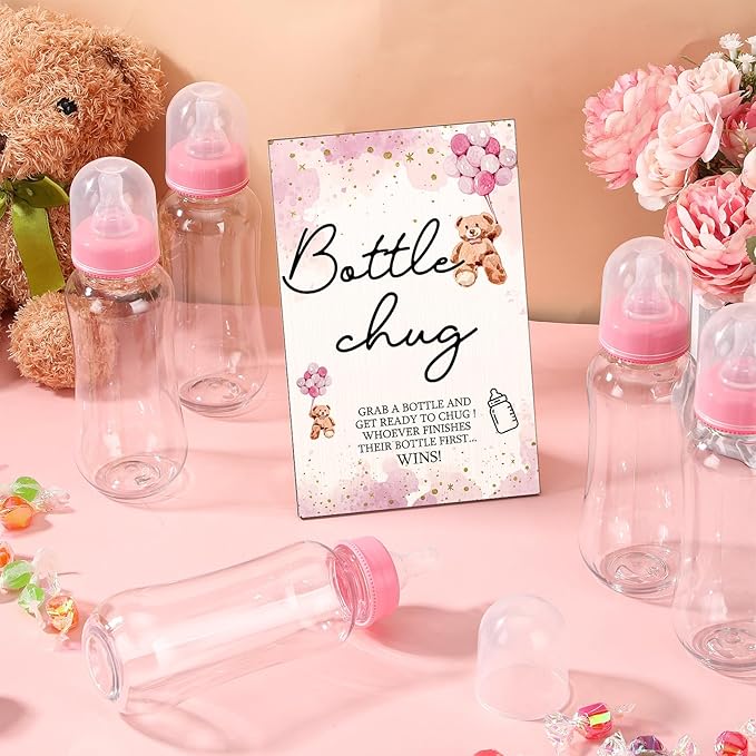 Roowest Bottle Chug Baby Shower Game Favors 12 Pcs Baby Bottles Shower Favor with 1 Wooden Sign for Gender Reveal Party Supplies Gifts(Lovely Bear)
