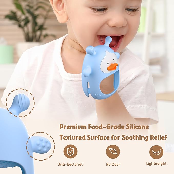 2 Packs Baby Teething Toys 3-6 6-12 Months, Food Grade Silicone Teething Mitten, Anti Dropping Wrist Hand Teethers, Never Drop Baby Chew Toys for Sucking Needs, BPA Free (Blue & Green)