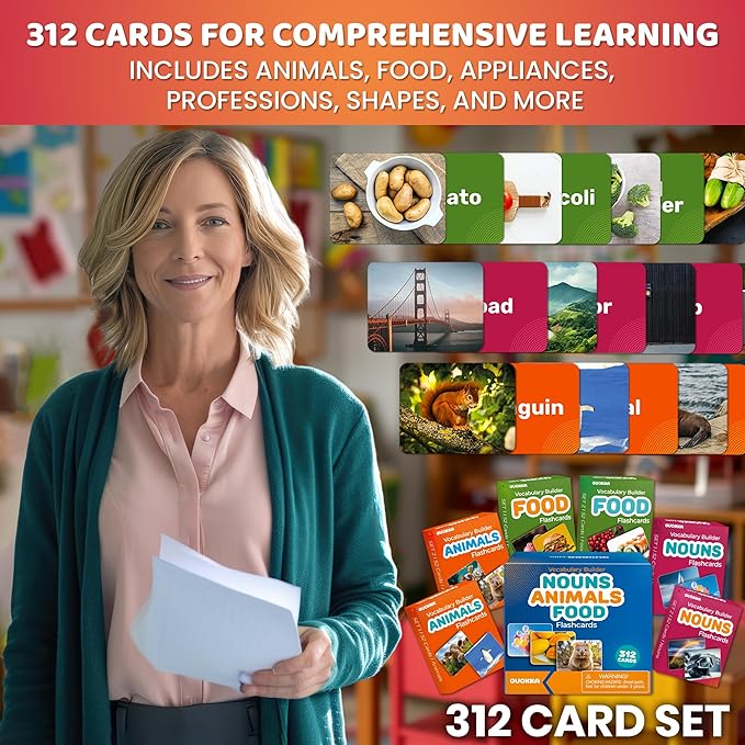 QUOKKA 312 Noun Flash Cards Set – Kids and Adults Vocabulary Builder for ABA Therapy, Early Childhood Education, and ESL Teaching – Picture Cards for Speech Therapy and Vocabulary Building Activities