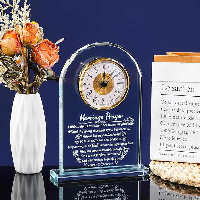 Glass Clock Wedding Gifts for Couples Newlywed 2025, Happy Anniversary Marriage Prayer Gift with Inspiring Quotes for Mr and Mrs, Engagement Presents Home Decoration