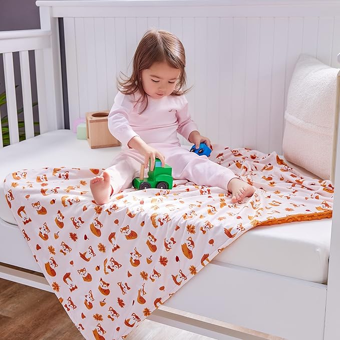 DaysU Silky Micro Soft Plush Baby Blankets Unisex with Print Animal Pattern and Soothing Raised Dots, Double Layer Bed Throws for Toddler Cot, Fox, Orange, 50x60 Inches