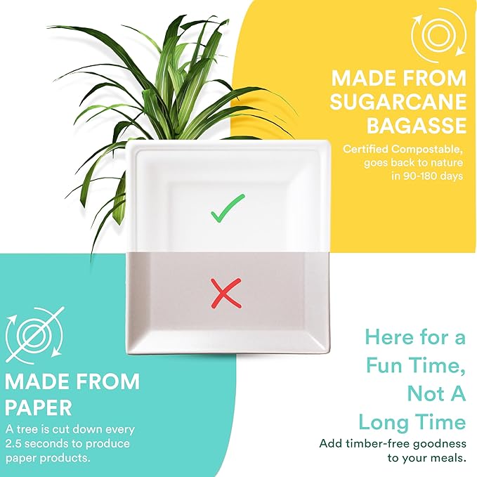 ECO SOUL Pearl White Square Paper Plates (PFAS free) | 100% Compostable Disposable Bagasse I Heavy-Duty Eco-Friendly Dinner Plates I Biodegradable Sugarcane Eco Plates (1, 6 Inch)