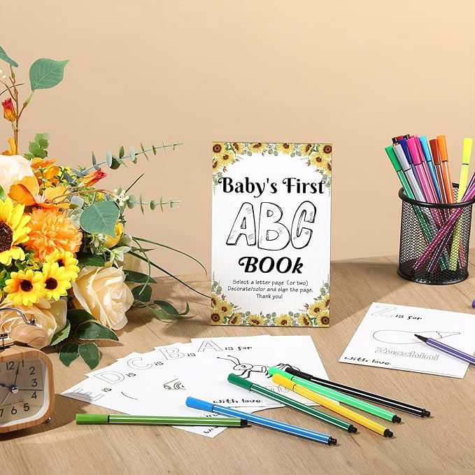 Geelin 51 Pcs Fun Baby Shower Game Activities First ABC Book Sign Coloring Game Card 26 Alphabet a to Z Coloring Card with 24 Watercolor Pen Storage Bag for Baby Shower Party(Sunflower)