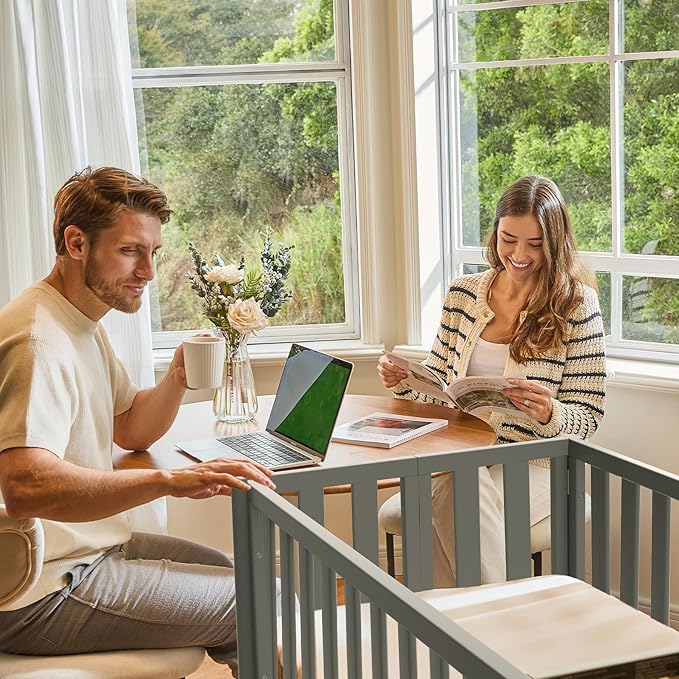 EvoNook 6-in-1 Convertible Mini Crib, 100% New Zealand Solid Wood, 4 Adjustable Mattress Heights, Crib with Mattress, Grey