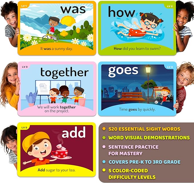 QUOKKA 520 Sight Words Flash Cards with Images & Sentences – Based on Dolch Sight Words Lists for Reading Fluency – Kindergarten Flash Cards for Pre-K to 3rd Grade - Color-Coded Vocabulary Set