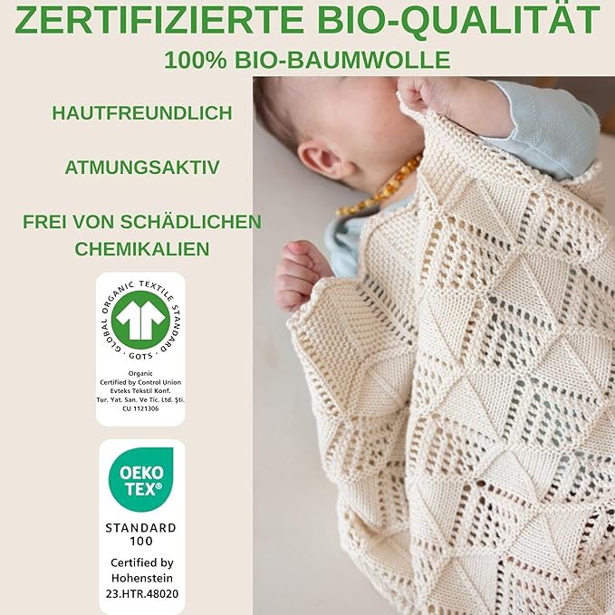 Emily 100% Organic Cotton Baby Knitted Blanket with Gift Box - Soft Toddler, Crib, Stroller Blanket - Neutral Swaddle and Receiving Blanket for Newborns, 30"x40", Earth Ivory