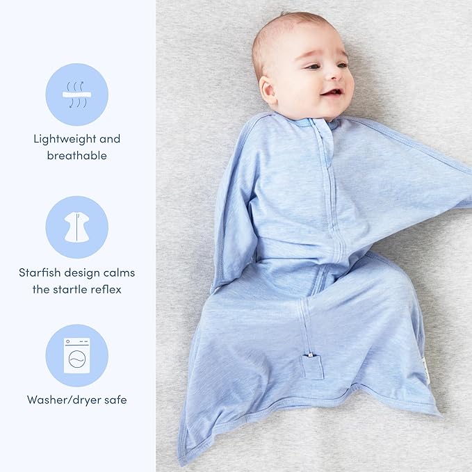SleepingBaby Zipadee-Zip Transition Swaddle - Cozy Baby Swaddling Blanket with Zipper Convenience - Roomy Wearable Blanket for Easy Diaper Changes - 3-6 Month - Baseline Blue Heather