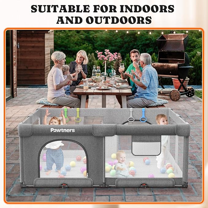 Foldable Playpen for Babies and Toddlers: 71" L x 59" W x 27" H(External Dimensions), Large Kids Play Yard, Portable for Indoor and Outdoor Play Area, Baby Gate with 50PCS Ocean Ball, 4 Handles