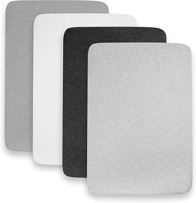 BaeBae Goods Crib Sheets for Baby Boys and Girls, 4 Pack, Soft and Breathable Jersey Knit Fitted Sheet Set, Cute Gender Neutral Nursery Mattress Bedding, Universal Fit (Solid Greys)