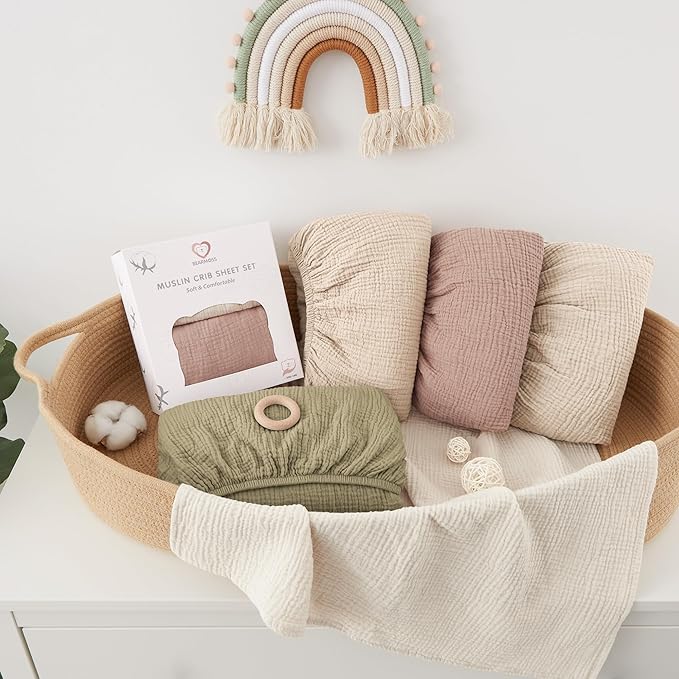 Bearmoss Muslin Crib Sheets 100% Cotton Baby Crib Sheets Fitted for Standard Crib Mattress & Toddler Bed Mattress 52"x28" Soft Breathable Crib Sheet Neutral for Boys Girls - 2 Pack (Baby Face)