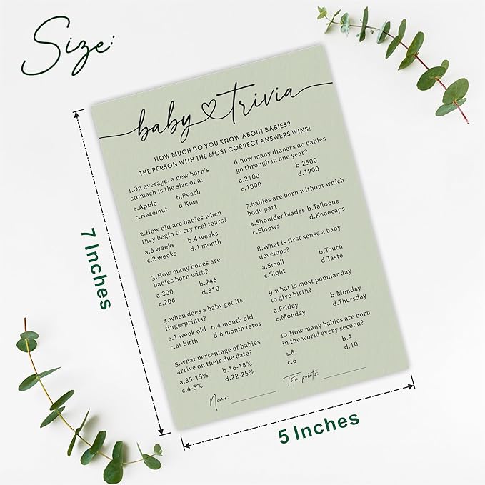Baby Trivia Baby Shower Game Cards With Answer Card, Sage Green & Double-Sided Design, 30 Gender Neutral Game Cards For New Parents, Baby Shower Party, Baby Announcement, Party Favor & Decor - C12