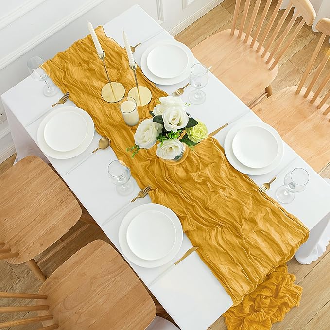 12Pack Gold Table Runner 35 x 120 inch Cheesecloth Table Runner 10FT Boho Fall Table Runners Rustic Gauze Cheese Cloth Table Runners for Party Wedding Birthday Dining Bridal Shower Baby Shower Decor