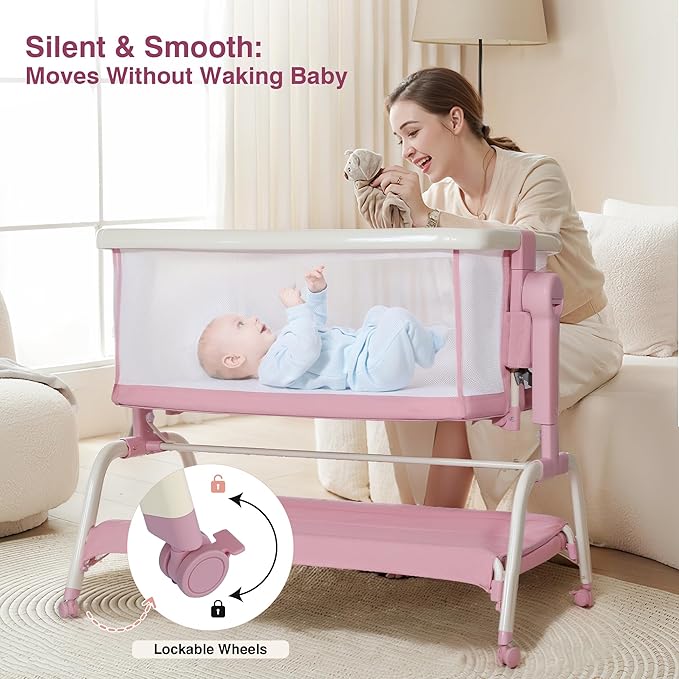Bedside Cribs 3 in 1 Baby Bassinet Bedside Sleeper with Adjustable Height Easy Folding Portable Crib Comfy Mattress and Wheels - Pink