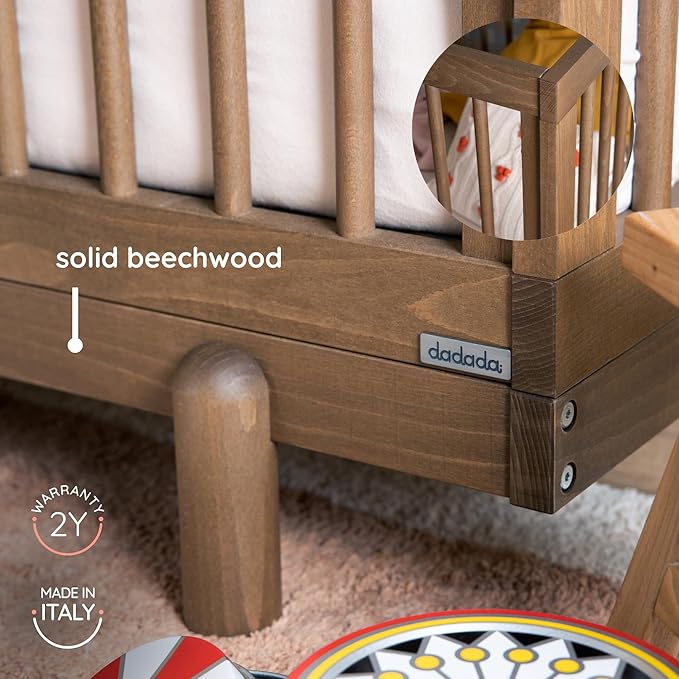 dadada Baby Bliss 4 in 1 Convertible Crib to Toddler Bed & Floor Bed – Made in Italy, GREENGUARD Gold Certified, Baby-Safe Finish, Sustainable Beech Wood, Modern Design, 4 Adjustable Heights (Walnut)