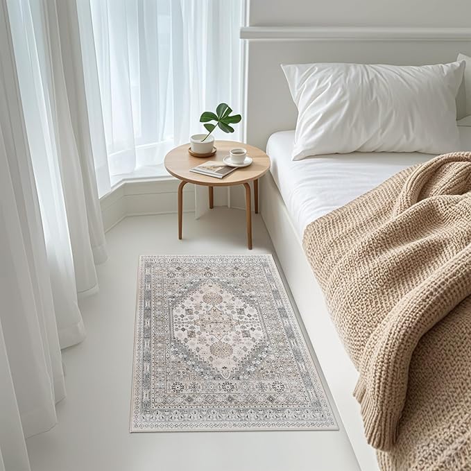 zesthome 2x3 Entryway Rug, Soft Washable Rugs, Non Slip Area Rug, Stain Resistant Low Pile Rugs for Bedroom, Vintage Rug for Door Mat, Kitchen (Beige,2'x3')