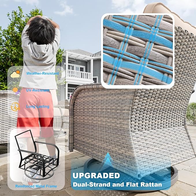 12-Piece Small Patio Furniture Set, Outdoor Swivel Rocking Chairs Set with 55,000 BTU Fire Pit Table Wicker Chairs and Ottomans, Patio Bistro Set for Balcony, Deck, Porch, Khaki
