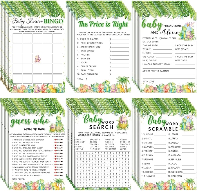 Jetec 302 Pcs Cute Dinosaur Theme Baby Shower Games, 6 Games, 50 Sheets Each, Shower Bingo, Word Scramble, Baby Word Search, Predictions and Advice, The Price is Right, Guess Who