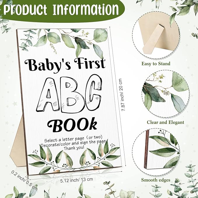 Geelin 51 Pcs Fun Baby Shower Game Activities First Abc Book Sign Coloring Game Card 26 Alphabet a to Z Coloring Card with 24 Watercolor Pen Storage Bag for Baby Shower Party(Greenery)