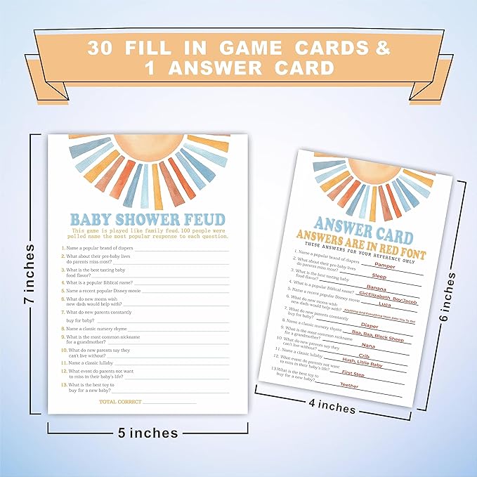 Retro Sunshine Baby Shower Feud Game Kit - Here Comes The Sun - 30 Double-Sided Game Cards & 1 Answer Card For Baby Shower, Gender Reveal Party Favor, Activity & Supplies - A06