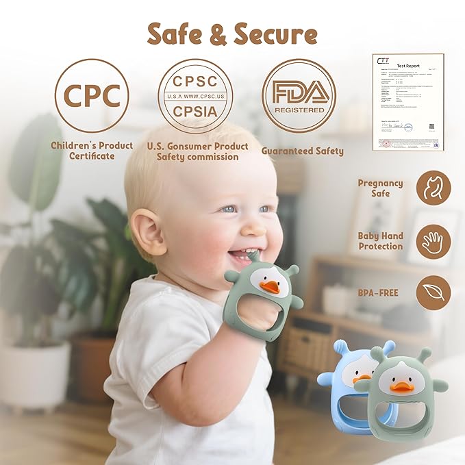 2 Packs Baby Teething Toys 3-6 6-12 Months, Food Grade Silicone Teething Mitten, Anti Dropping Wrist Hand Teethers, Never Drop Baby Chew Toys for Sucking Needs, BPA Free (Blue & Green)