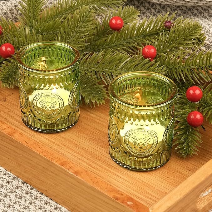 30 Pcs Votive Candle Holders, 2x2.5iInch Green Glass Tea Light Candle Holders for Christmas Decorations, Butterfly Pattern Votives for Wedding, Christmas, Party Decor & Gift-Giving
