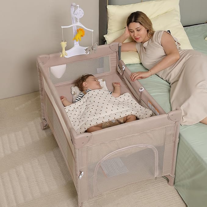 5 in 1 Pack and Play, Portable Travel Baby Bassinet, Foldable Travel Playard Playpen for Toddler, Bedside Crib Sleeper, Diaper Changer Table, Baby Playard for Newborn (Champagne)