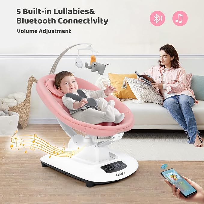 Ezebaby Baby Swing for Infants and Newborns with 5 Unique Motions, Adjustable Speed and Positions, Lullabies, Infant Swing with 5-Point Harness, Baby Swing for Newborn Babies 0-9 Months Pink