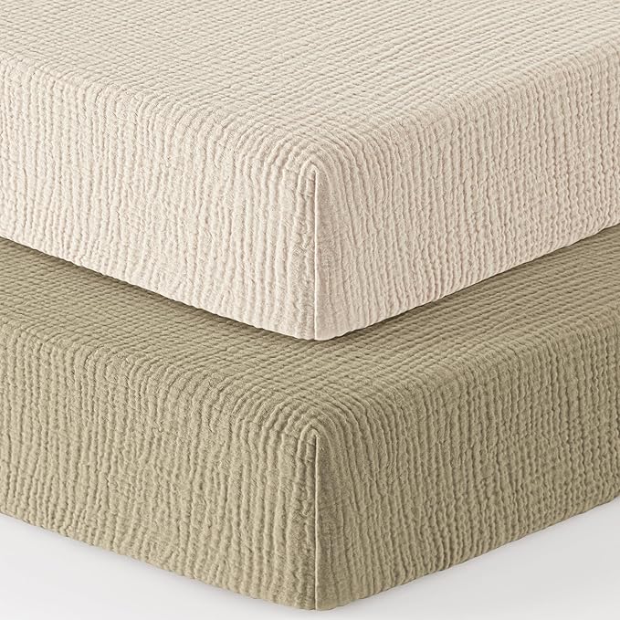 Bearmoss Muslin Crib Sheets 100% Cotton Baby Crib Sheets Fitted for Standard Crib Mattress & Toddler Bed Mattress 52"x28" Soft Breathable Crib Sheet Neutral for Boys Girls - 2 Pack (Oat Latte)