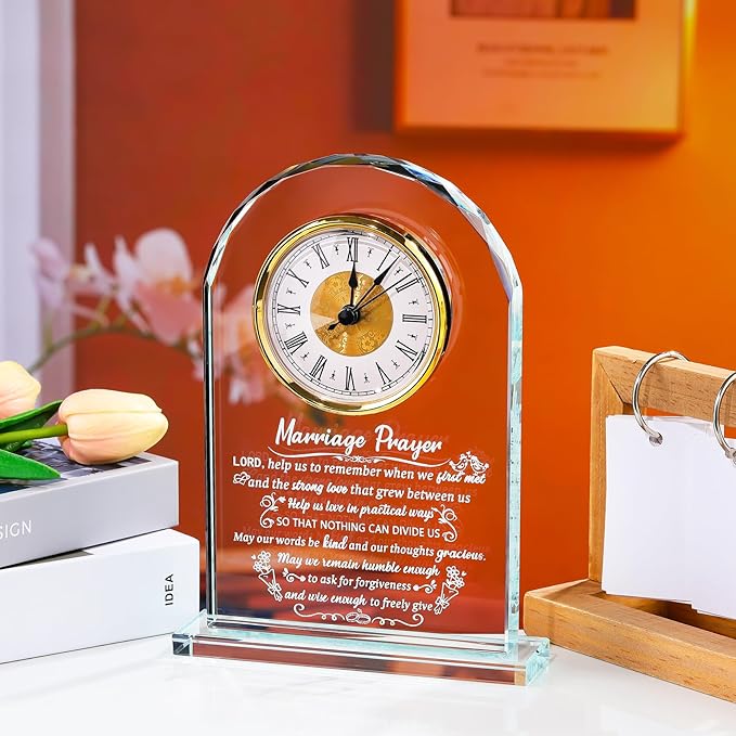 Glass Clock Wedding Gifts for Couples 2025, Happy Anniversary Marriage Prayer Gift with Inspiring Quotes, Unique Newlywed Mr and Mrs Gifts, Engagement Presents for Home