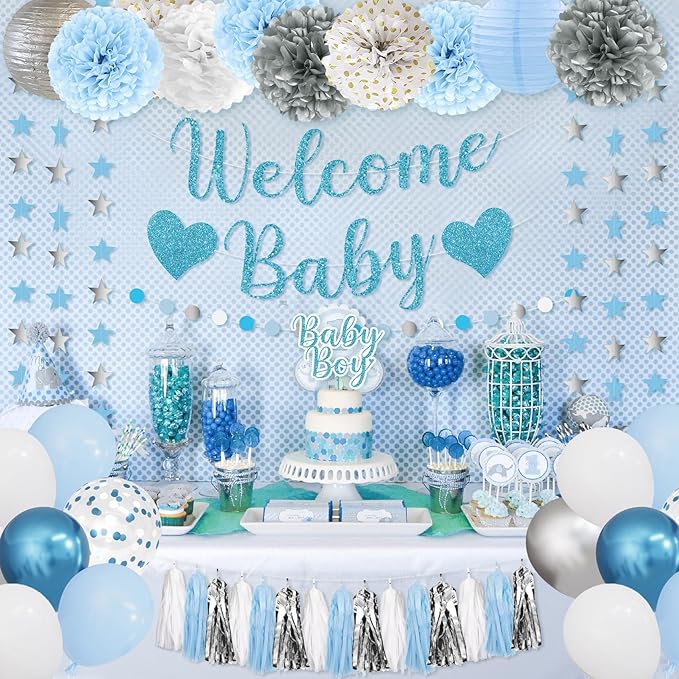 Amandir Blue Boy Baby Shower Decorations Welcome Baby Banner, Cake Topper, Paper Lantern, Light Blue Balloons, Pom Poms Flowers Tassels, Circle Dots Star Garland, Gender Reveal Birthday Party Supplies