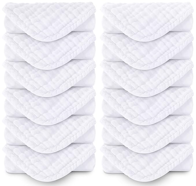 MOON PARK Baby Washcloths, 12 Pack - 12x12 Inches, Small Burp Cloths and Baby Wipes - 100% Cotton Muslin Ultra Soft for Newborn, Infant and Toddlers - White