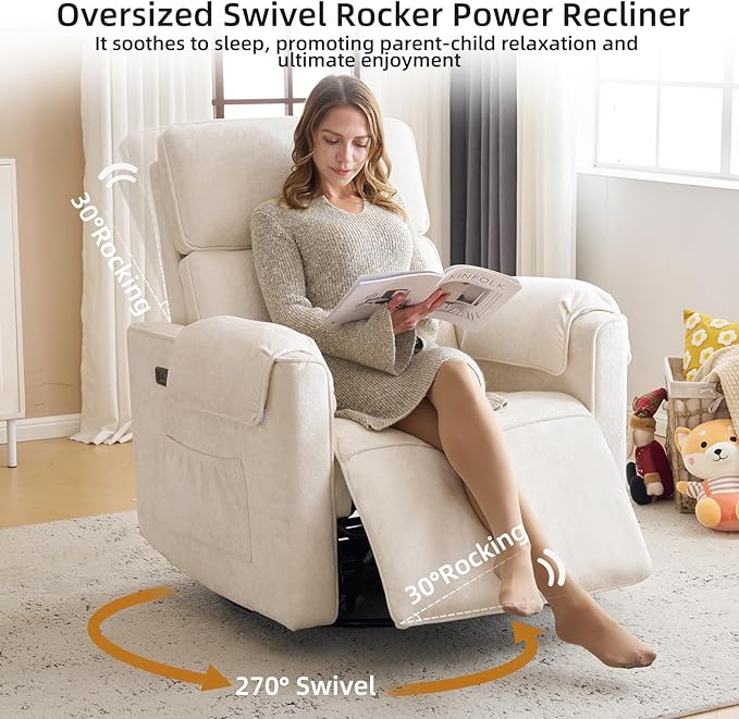 Oversized Power Recliner Chair, 26" Extra Wide Swivel Rocker Recliner with Adjustable Headrest, Chenille Glider Rocking Nursery Chair with Overstuffed Armrest, USB Ports, Cream