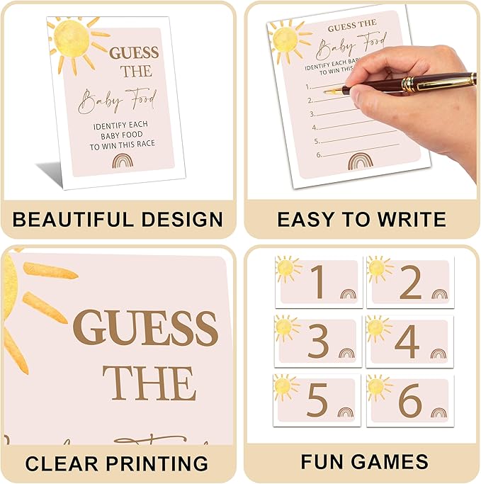 Guess the Baby Food Game Shower, 8x10 Inches Sign 25 Answer Cards and 6 Number Cards, Boho Sunshine Shower Party Decorations Supplies Favors - E04