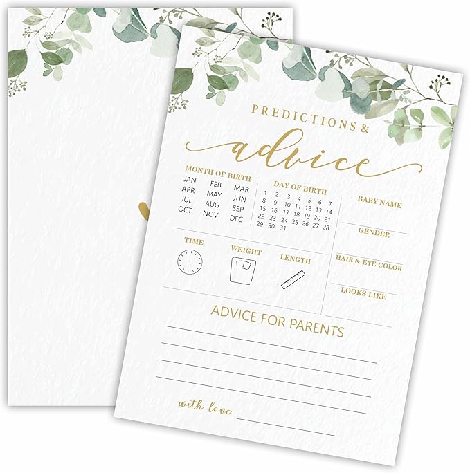 Predictions & Advice Game Cards For Baby Shower - Golden Greenery - 30 Double-Sided Fill In Style Game Cards For Gender Reveal, Baby Announcement, Party Games & Activity - D02