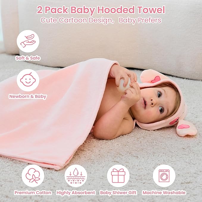 Mooreeke 2 Pack Toddler Towels - 100% Cotton Toddler Hooded Towels - Soft Baby Bath Towel with Hood for Newborn - Comfort Towel for Baby Girls and Boys - Animal Shaped (Lamb & Bunny)