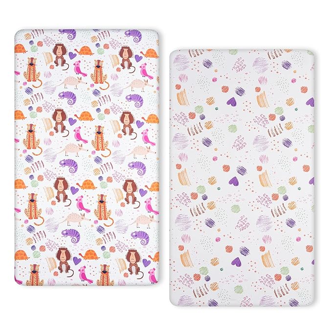 TILLYOU Baby Crib Sheets for Boys Girls, Super Soft Toddler Bed Sheets, 2 Pack Sheets for Standard Crib Mattress 28x52in, Animal Graffiti