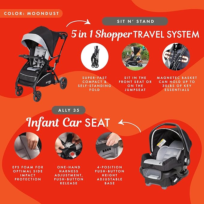 Baby Trend Sit N’ Stand 5-in-1 Shopper Travel System, Moondust