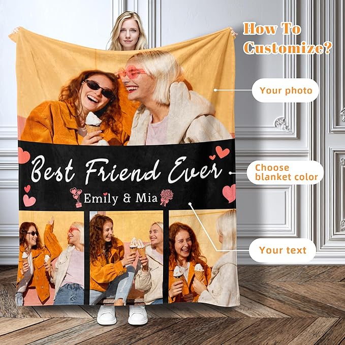 Custom Personalized 9 Photo Collage Blanket Thow Gifts with Text, Customized Pictures Blankets Gift for Christmas Birthday Thanksgiving Adults Kids Dad Mom Girlfriend Boyfriend (4 Friendship)