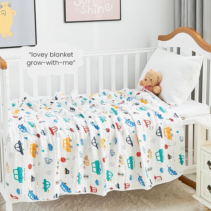 Luxury Muslin Baby Blanket, Cozy Swaddle, 6-Layer Cotton Receiving Blanket for Newborn Infant, 59x43 Inch Lightweight Breathable Crib Blanket, Nursery Stroller Toddler Quilt, Car Family