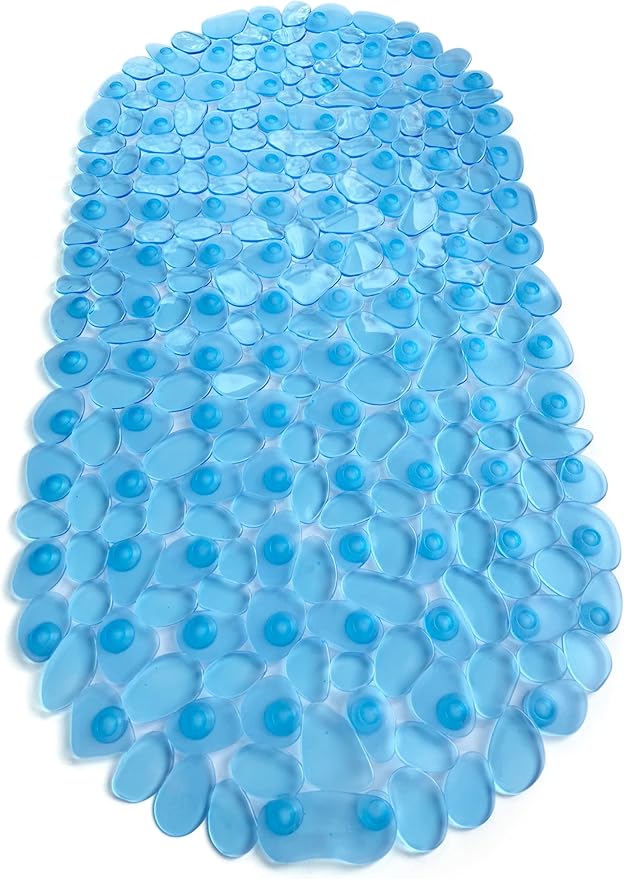 “Pebbles” Non-Slip Bathtub & Shower Mat 27”x14” Oval - Non-Toxic - Safe, Clean, Machine-Washable, Superior Grip & Drainage, Vinyl, for Smooth Floors ONLY, Transparent Light Blue