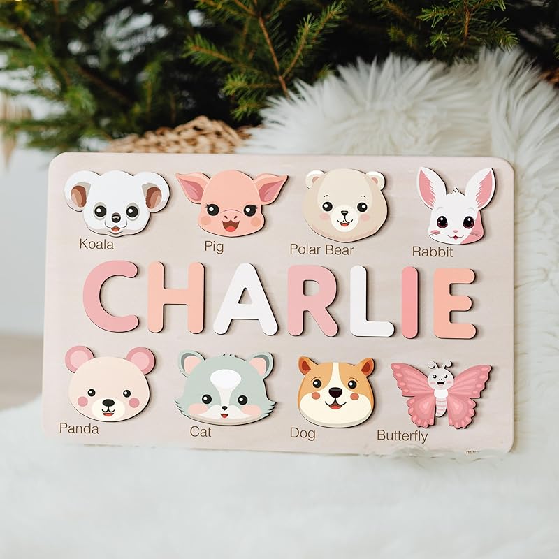 Custom Baby Name with Animals Puzzle, Personalized Name Puzzle, Baby Girl Gift, Baby Boy Gift, Handmade Wooden Christmas Gift for Kids, 1st Birthday,