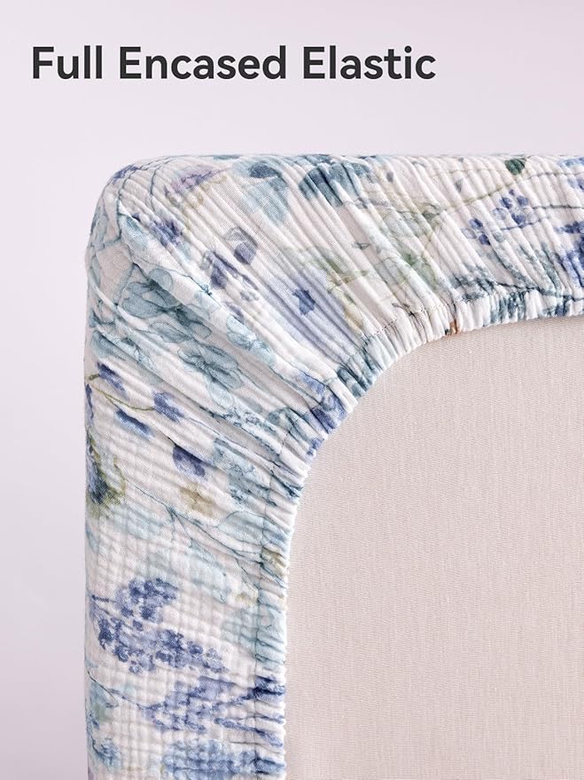 TILLYOU Muslin Mini Crib Sheets 2 Pack, Pack and Play Mattress Sheets Fitted for Pack N Play, 38'' x 26'' Sheet for Toddler, Blue Flower
