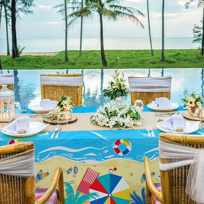 Beach Theme Party Supplies Summer Pool Disposable Tablecloth Plastic Waterproof Table Cover for Hawaiian Party Birthday Decorations, 3 Pack 54X108inch