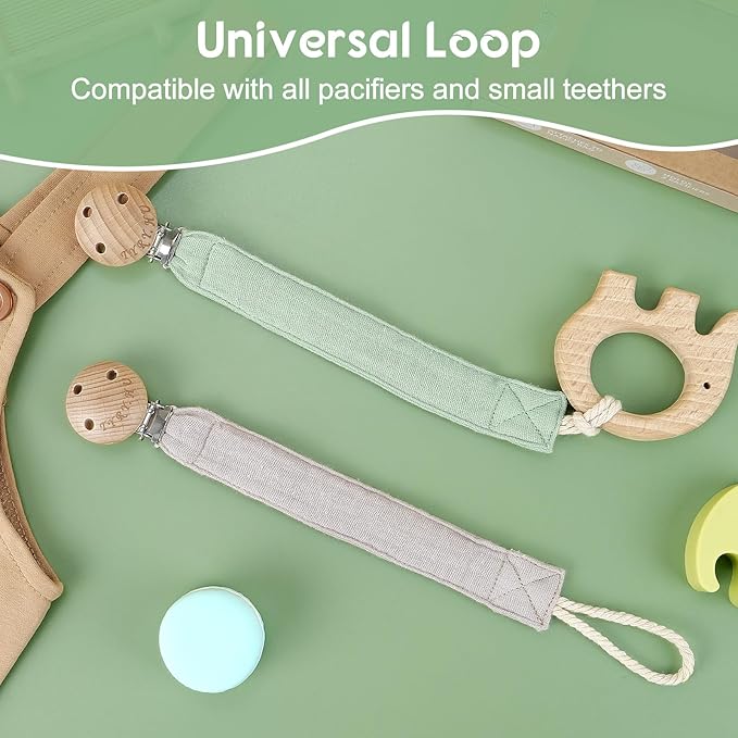 TYRY.HU Ribbon Pacifier Clip Holder,2 Pack Binky Paci Holder Clips, Pacifier Leash for Baby Boys and Girls, Soft Webbing Strap Universal Fits for Most Pacifier, Styles & Teethers Toys(Grey, Green)
