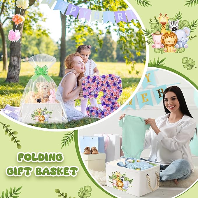 Pickmesh Baby Shower Storage Basket with Gift Bags Rectangular Ribbons Collapsible Canvas Storage Bin with Handles for Diaper Organizing Toy Home DIY Gift Basket, 13 x 9. 1 x 7. 1 Inch(Jungle Theme)