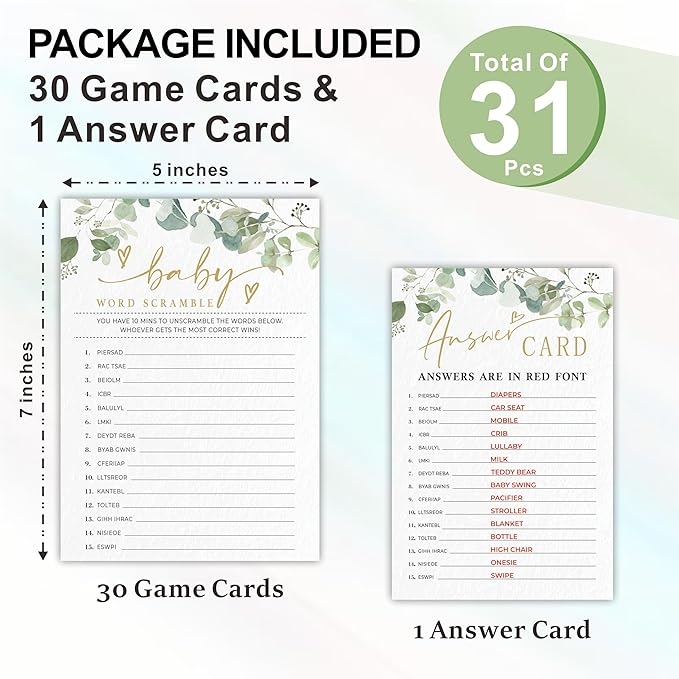 Baby Word Scramble Baby Shower Game Cards - Golden Greenery - 30 Double-Sided Fill In Style Game Cards With Answer Card, Gender Reveal, Baby Announcement, Party Games & Activity - D14