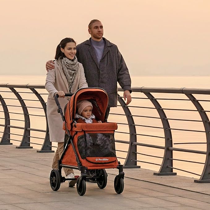 Familidoo Q1 Multi-Use Kids Wagon Stroller – Foldable, Lightweight & All-Terrain for Kids & Pets – 5-Point Safety Harness, Rain Cover & Compact Travel Design – Supports Up to 132 lbs (Burnt Orange)
