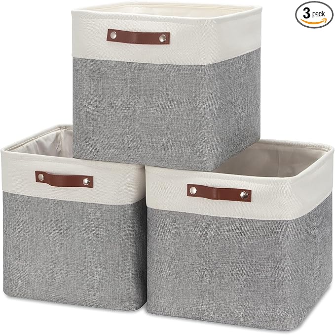 HNZIGE Storage Foldable Storage Baskets Cubes Set(3 Pack) Fabric Bins for Shelves,13 Inch Storage Basket for Organizing with Leather Handles for Home, Toys, Clothes,Closet Storage(White&Gray)
